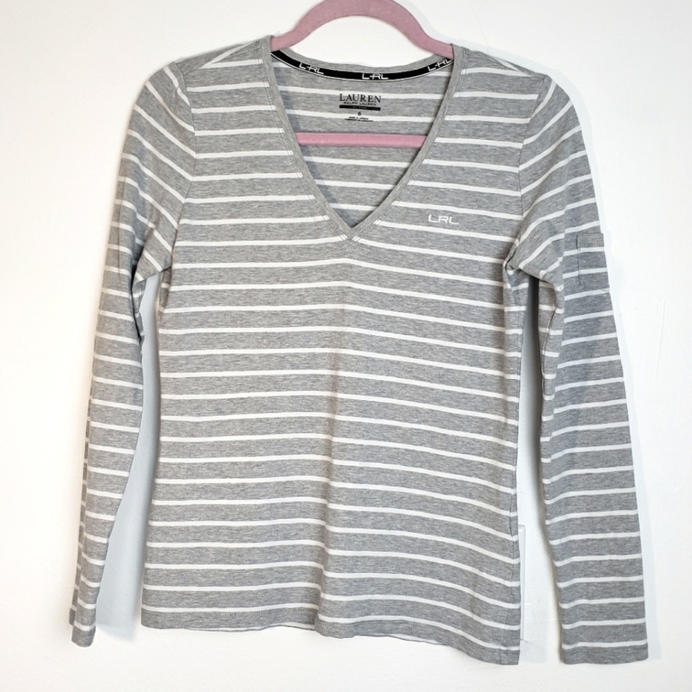 Lauren Ralph Lauren Active Gray Y2K V - Neck Striped Long Sleeve Top Size S